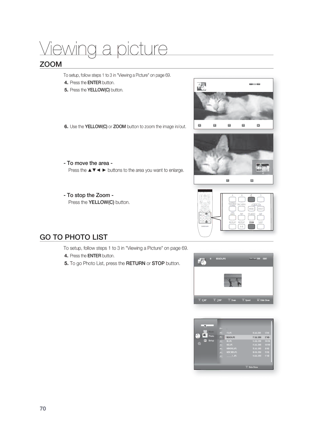 Samsung HT-BD1255, HT-BD1252 user manual GO to Photo List, To move the area, To stop the Zoom 