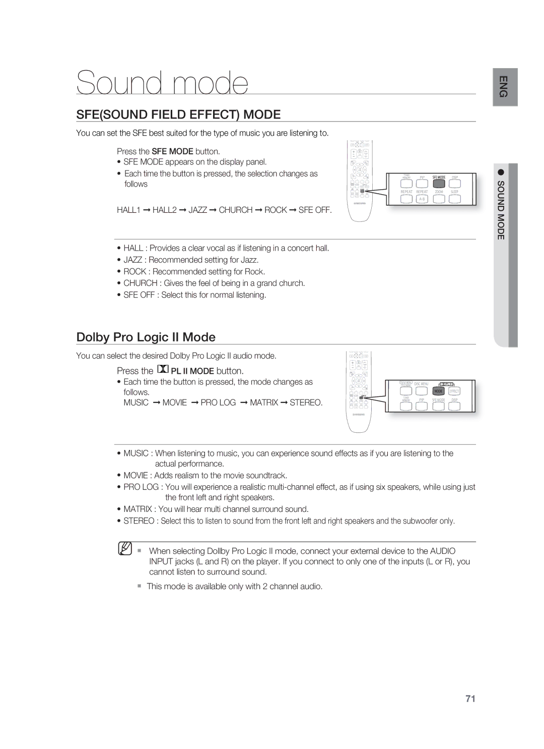 Samsung HT-BD1252, HT-BD1255 user manual Sound mode, Sfesound Field Effect Mode, Press the PL II Mode button 