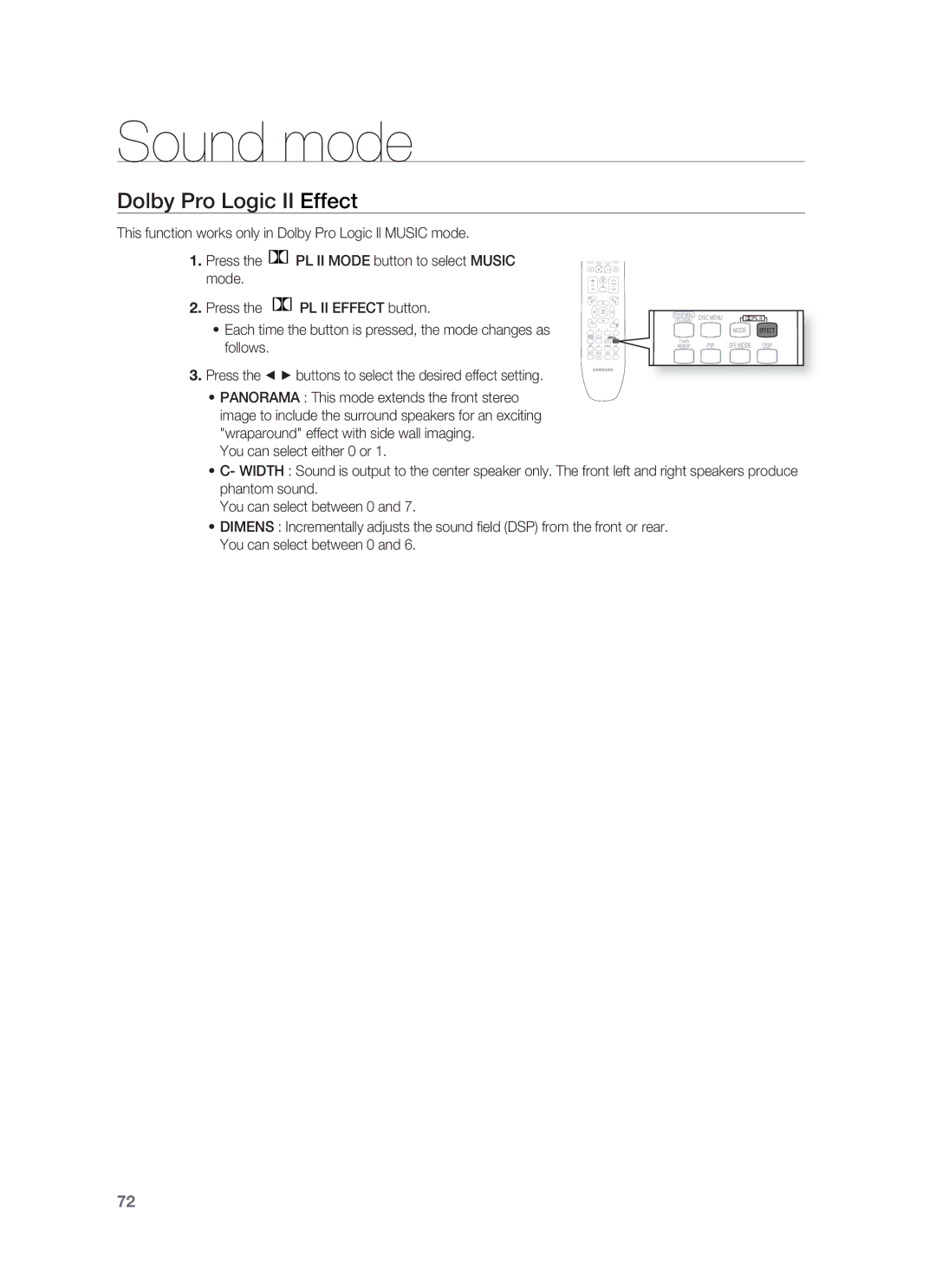 Samsung HT-BD1255, HT-BD1252 user manual Dolby Pro Logic II Effect 