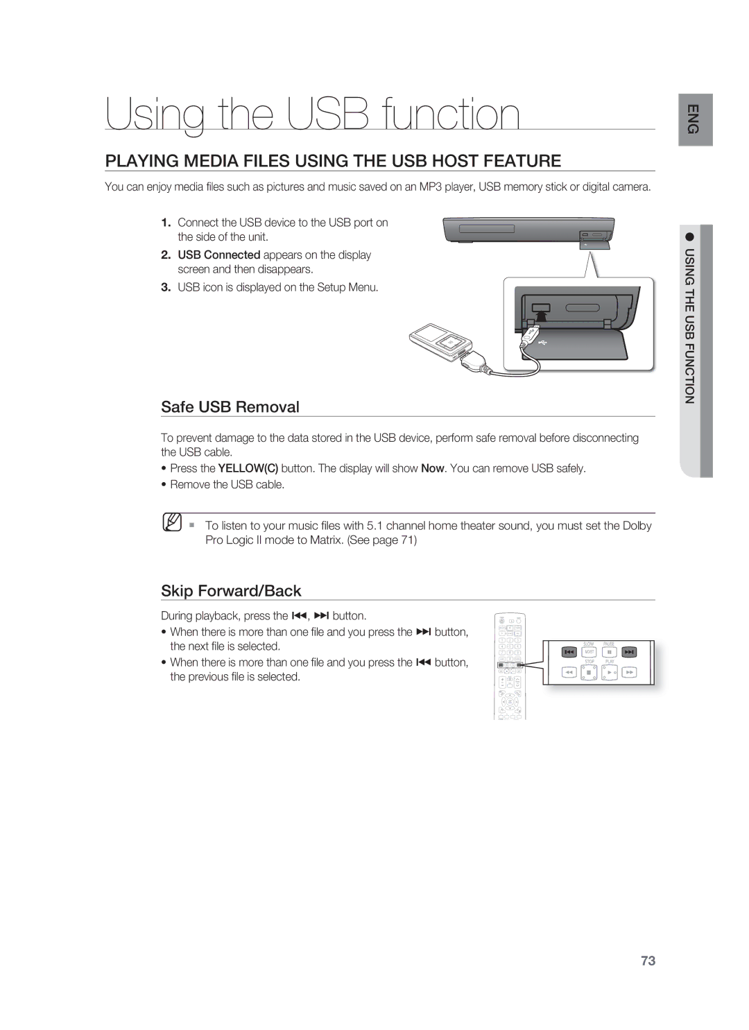 Samsung HT-BD1252, HT-BD1255 Using the USB function, Playing Media Files Using the USB Host Feature, Safe USB Removal 