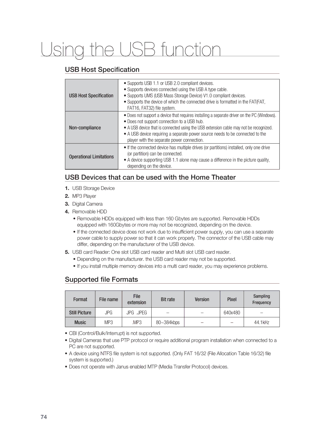 Samsung HT-BD1255 USB Host Speciﬁcation, USB Devices that can be used with the Home Theater, Supported ﬁle Formats 