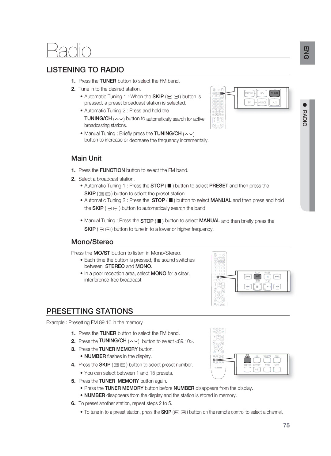 Samsung HT-BD1252, HT-BD1255 user manual Listening to Radio, Presetting Stations, Main Unit, Mono/Stereo 