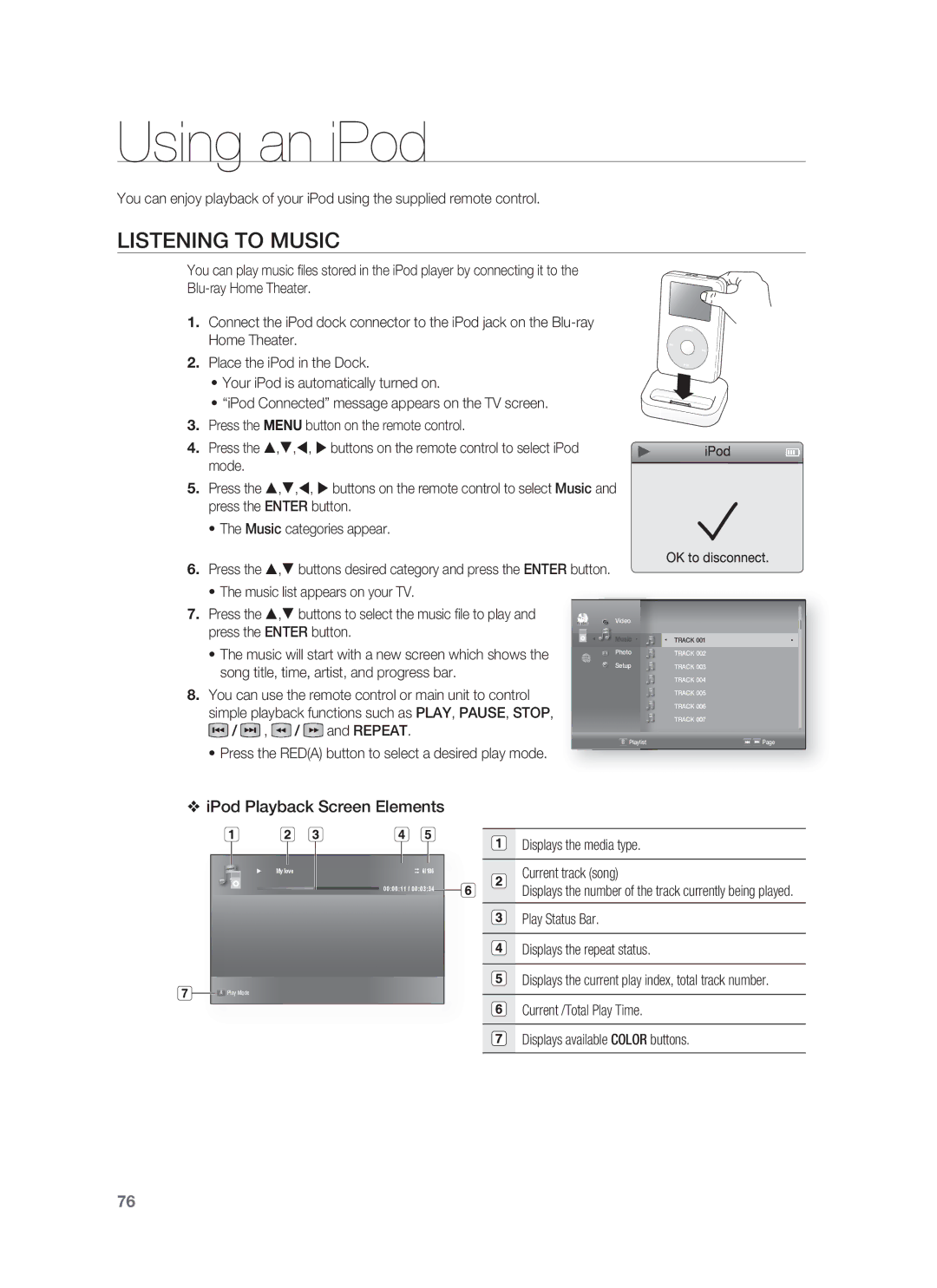 Samsung HT-BD1255, HT-BD1252 user manual Using an iPod, Listening to Music, IPod Playback Screen Elements 