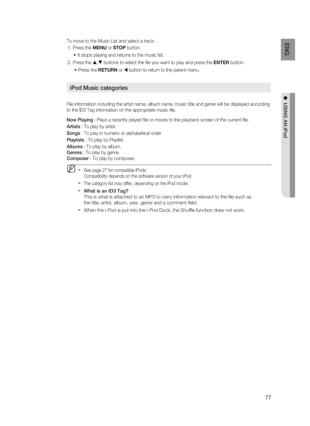 Samsung HT-BD1252, HT-BD1255 user manual IPod Music categories 