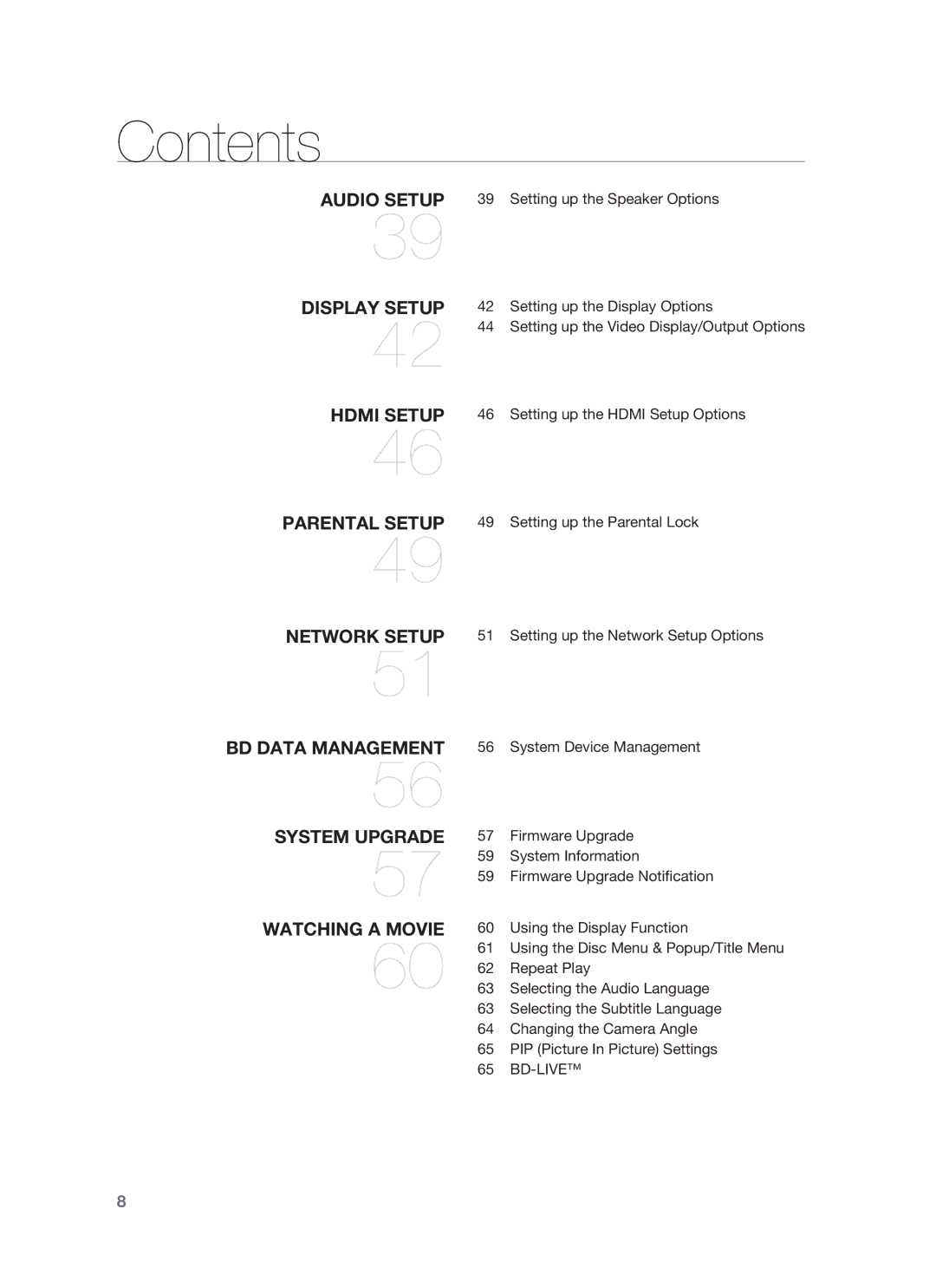 Samsung HT-BD1255, HT-BD1252 user manual Audio Setup 39 Setting up the Speaker Options, Bd-Live 