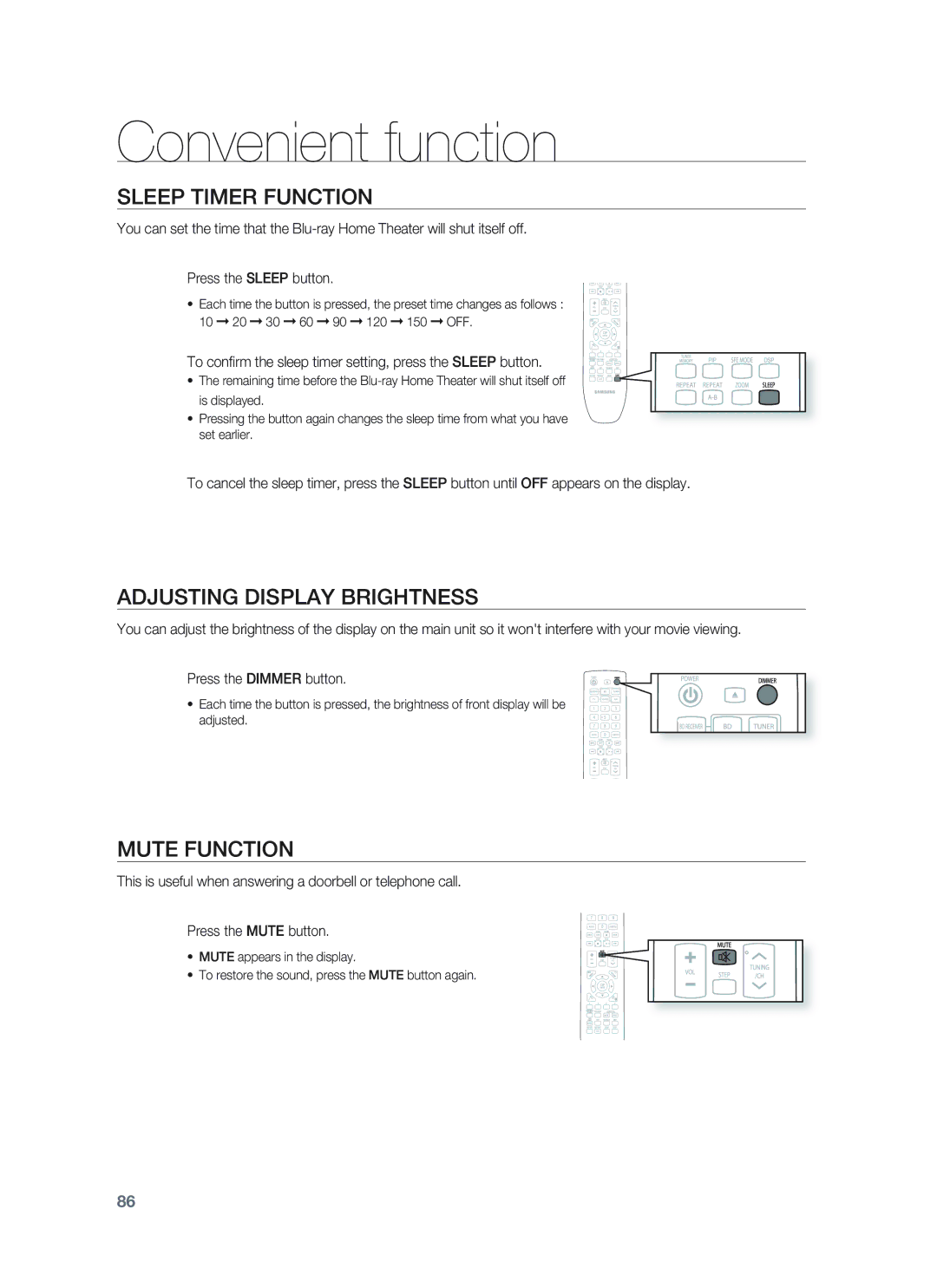 Samsung HT-BD1255, HT-BD1252 Convenient function, Sleep Timer Function, Adjusting Display Brightness, Mute Function 