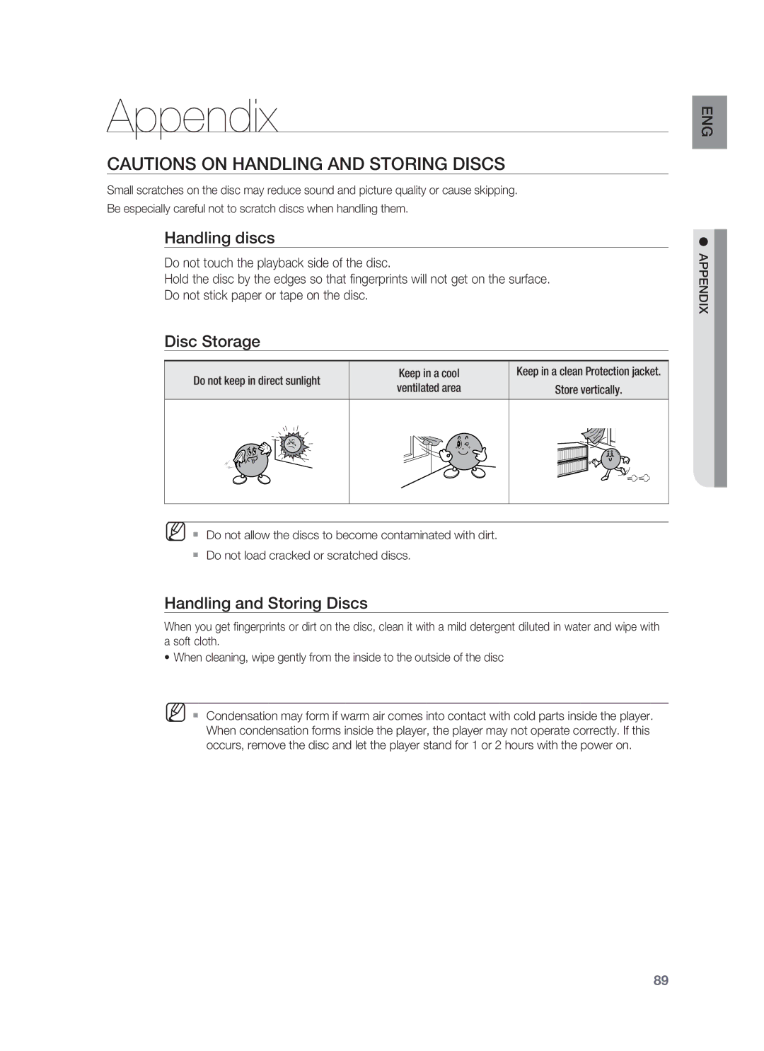 Samsung HT-BD1252, HT-BD1255 user manual Appendix, Handling discs, Disc Storage, Handling and Storing Discs 