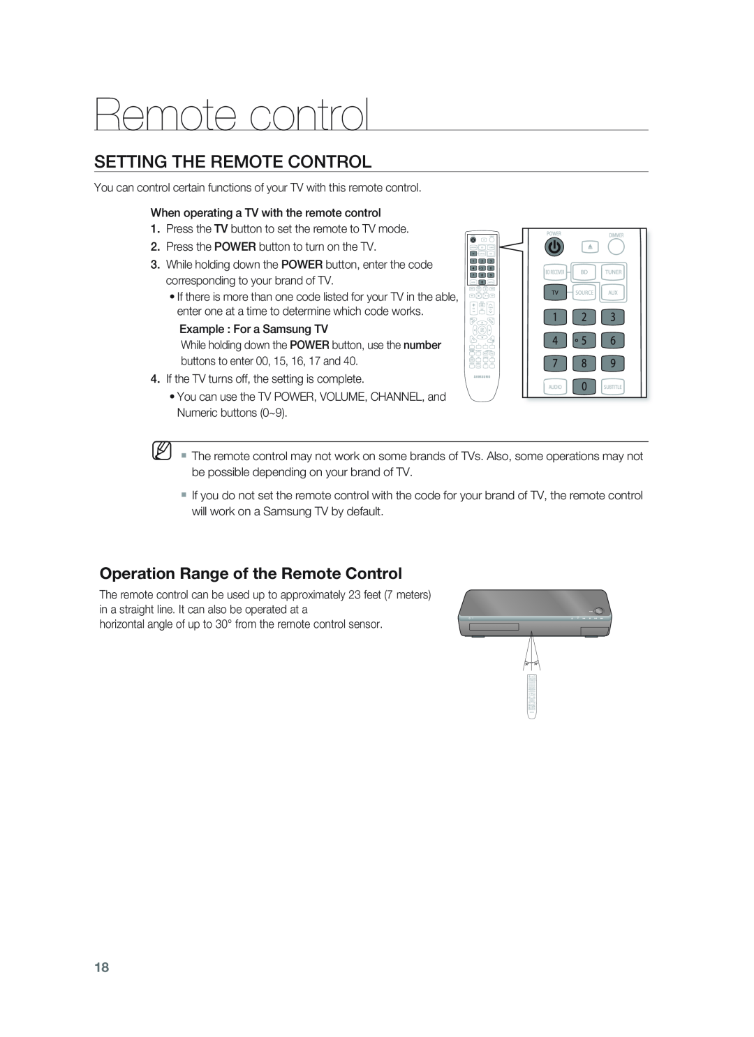 Samsung HT-BD1255, HT-BD1252 Setting The Remote Control, Operation Range of the Remote Control, Remote control, M  