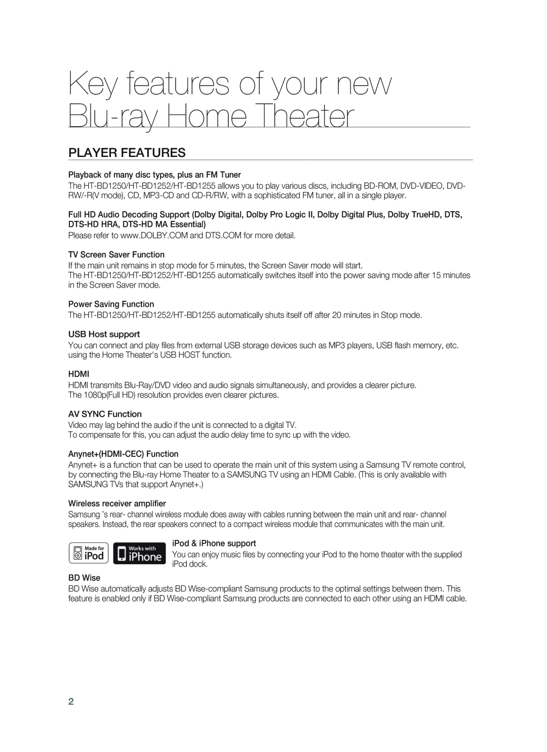 Samsung HT-BD1255, HT-BD1252 user manual Key features of your new Blu-rayHome Theater, Player Features 