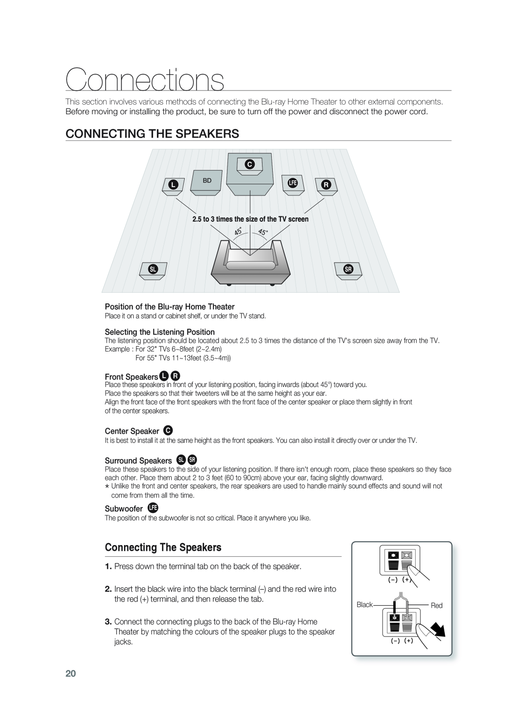 Samsung HT-BD1255, HT-BD1252 user manual Connections, Connecting The Speakers 