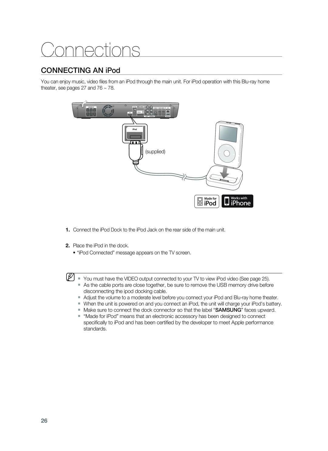 Samsung HT-BD1255, HT-BD1252 user manual CONNECTING AN iPod, Connections 