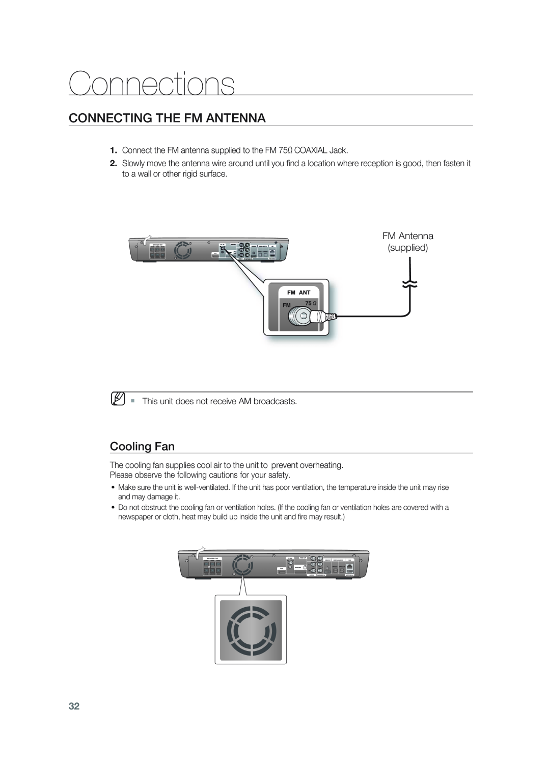 Samsung HT-BD1255, HT-BD1252 user manual Connecting The Fm Antenna, Cooling Fan, Connections 