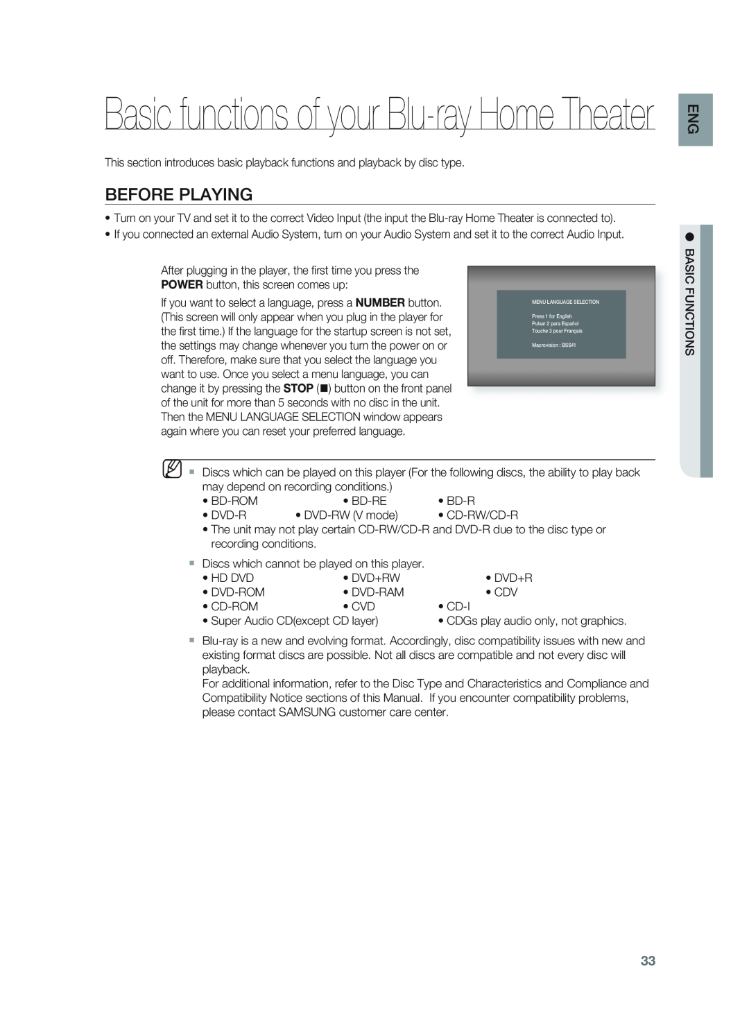 Samsung HT-BD1252, HT-BD1255 user manual Before Playing, Basic functions of your Blu-rayHome Theater 