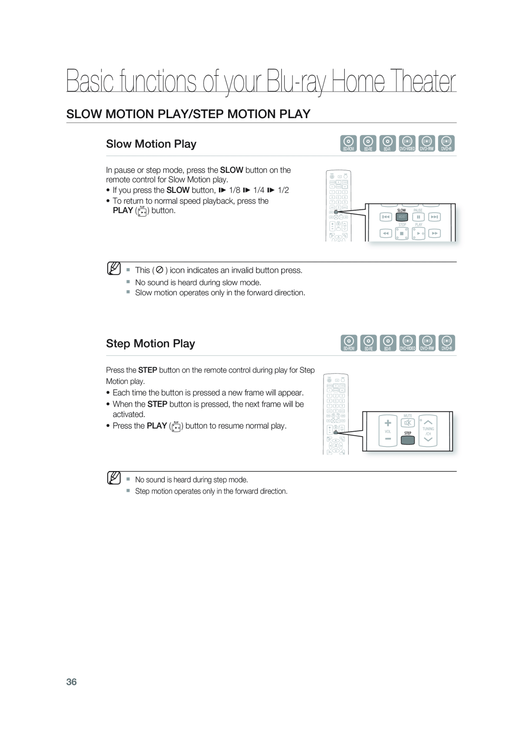 Samsung HT-BD1255, HT-BD1252 Slow Motion Play/Step Motion Play, Basic functions of your Blu-rayHome Theater, hgfZCV 