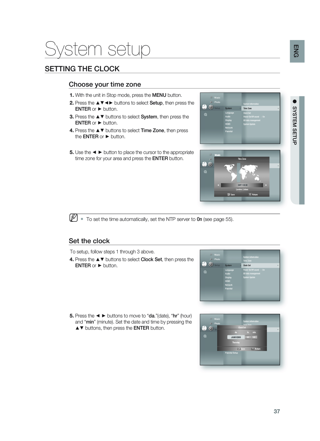 Samsung HT-BD1252, HT-BD1255 user manual System setup, Setting The Clock, Choose your time zone, Set the clock 