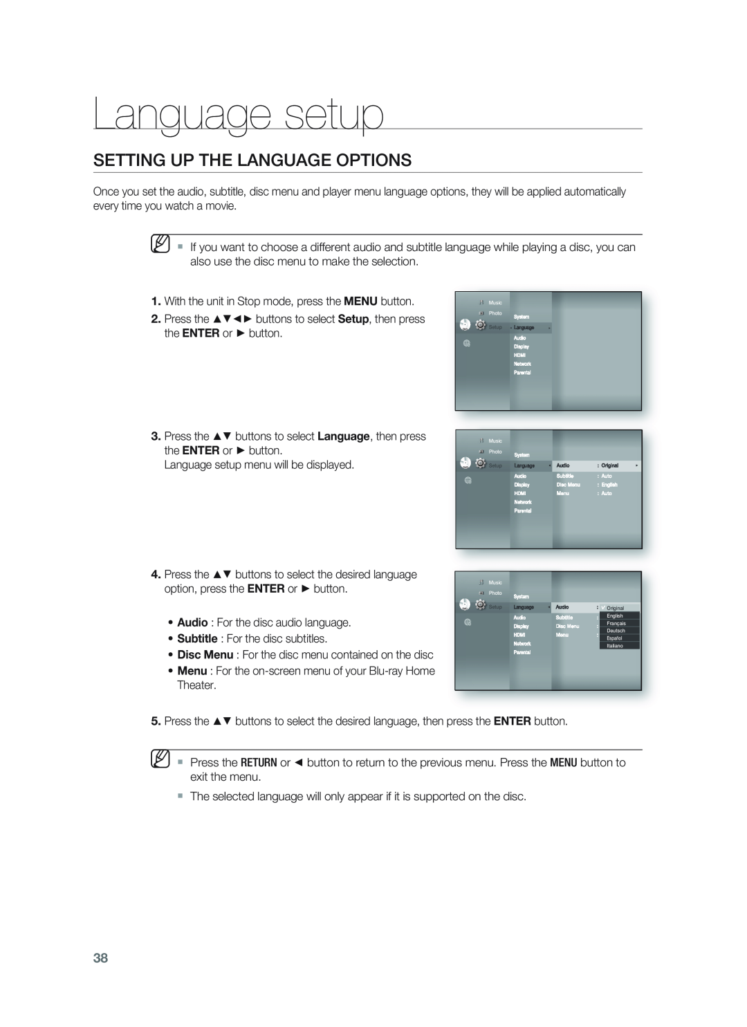 Samsung HT-BD1255, HT-BD1252 user manual Language setup, Setting Up The Language Options 