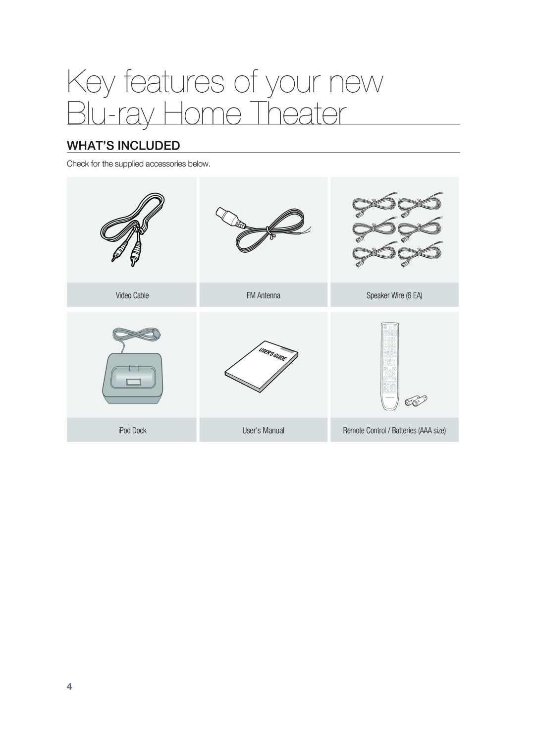 Samsung HT-BD1255 What’S Included, Key features of your new Blu-rayHome Theater, Check for the supplied accessories below 