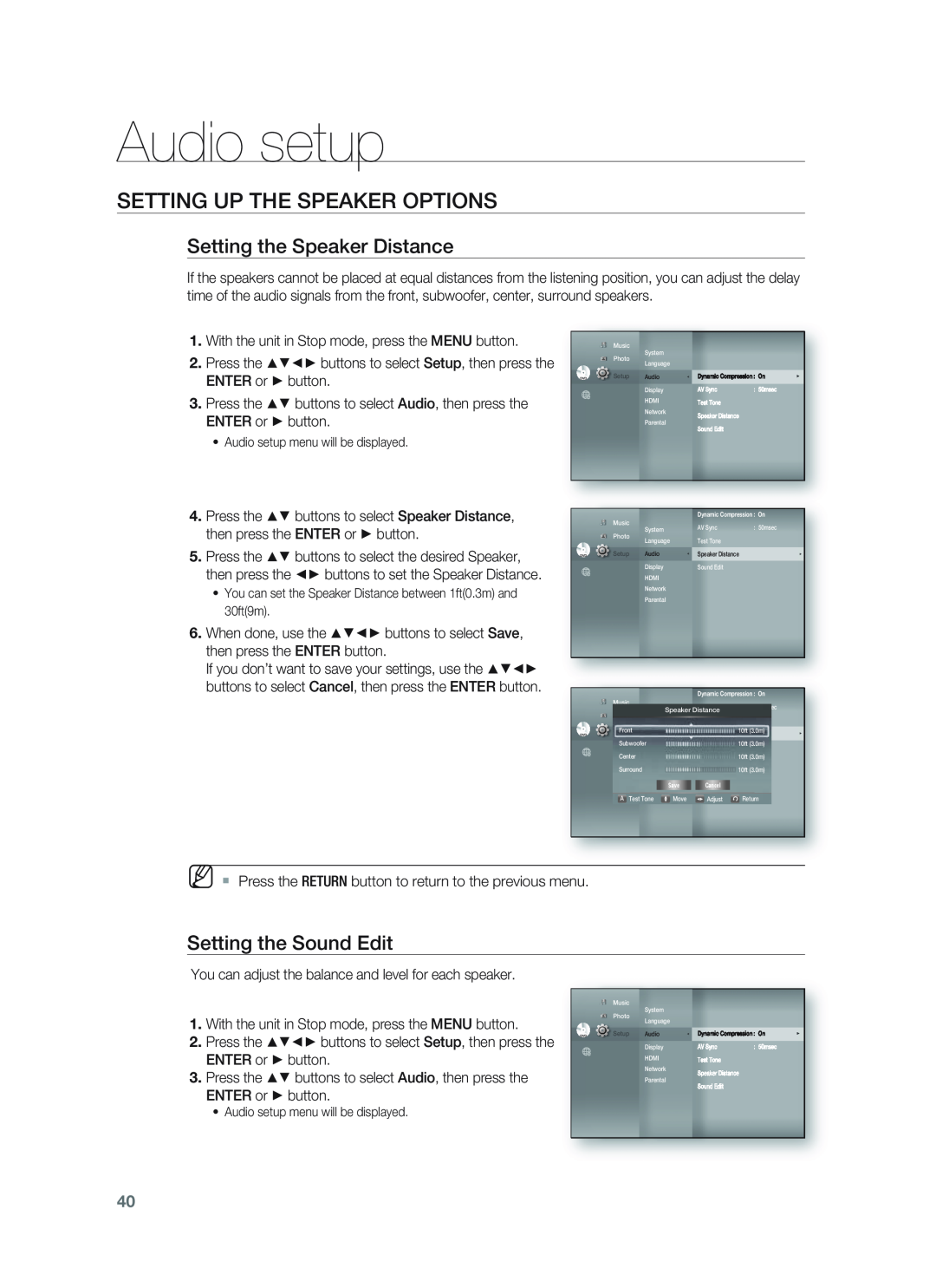 Samsung HT-BD1255 Setting the Speaker Distance, Setting the Sound Edit, Audio setup, Setting Up The Speaker Options 