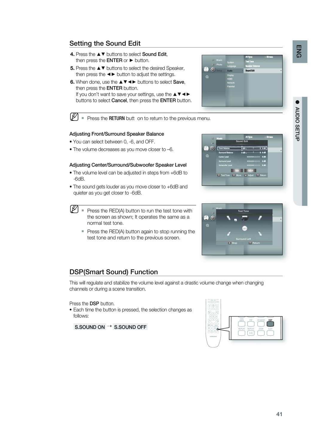 Samsung HT-BD1252, HT-BD1255 user manual DSPSmart Sound Function, Setting the Sound Edit 