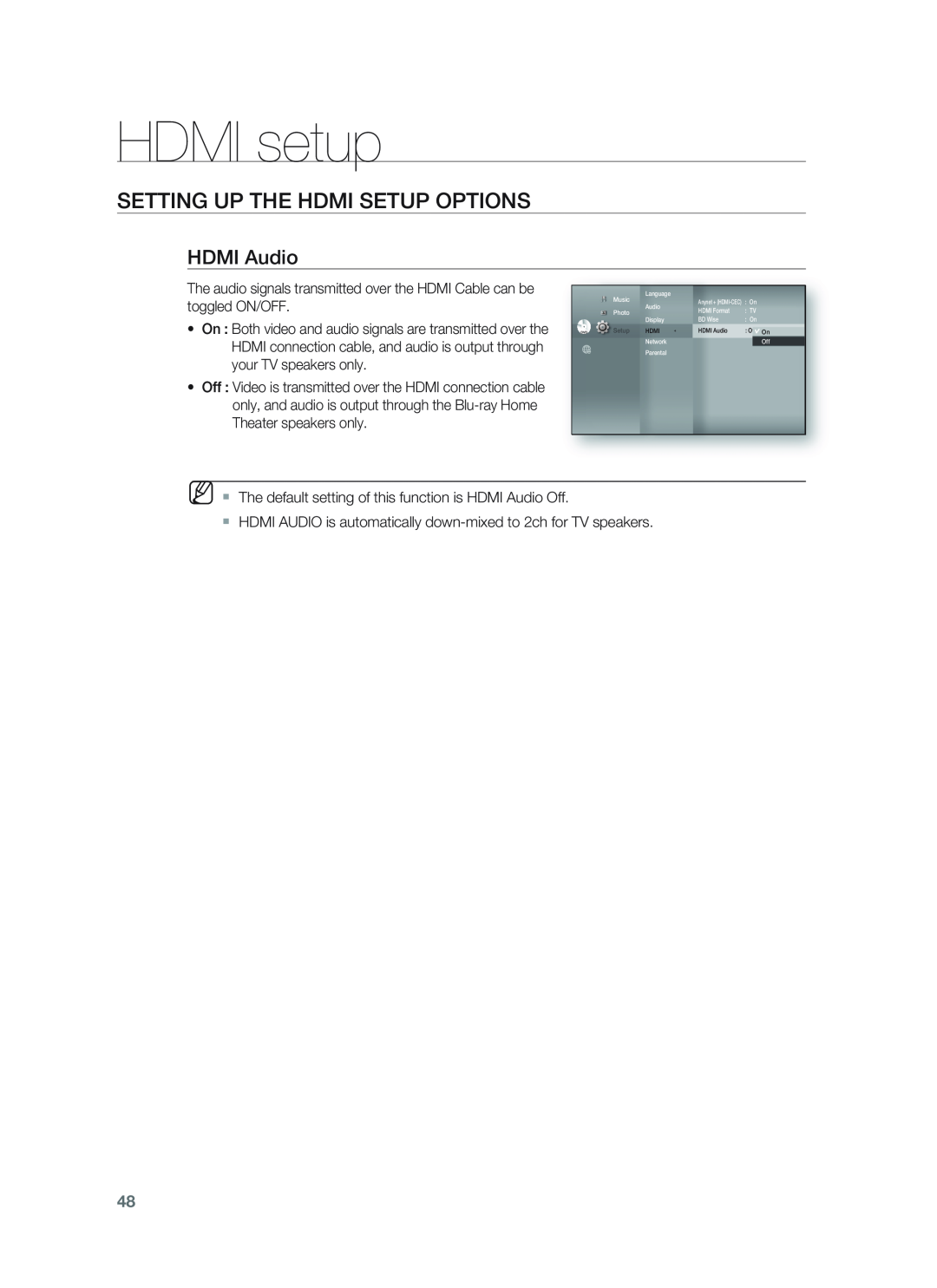 Samsung HT-BD1255, HT-BD1252 user manual HDMI Audio, HDMI setup, Setting Up The Hdmi Setup Options 