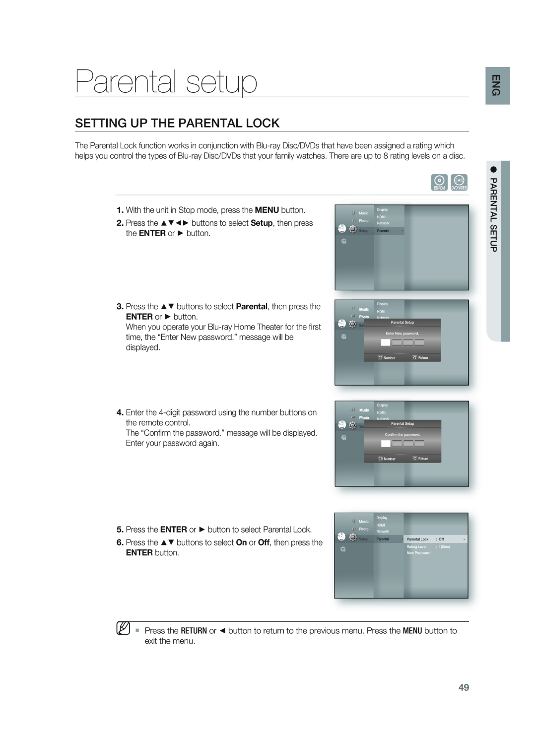 Samsung HT-BD1252, HT-BD1255 user manual Parental setup, Setting Up The Parental Lock, ENTER button 