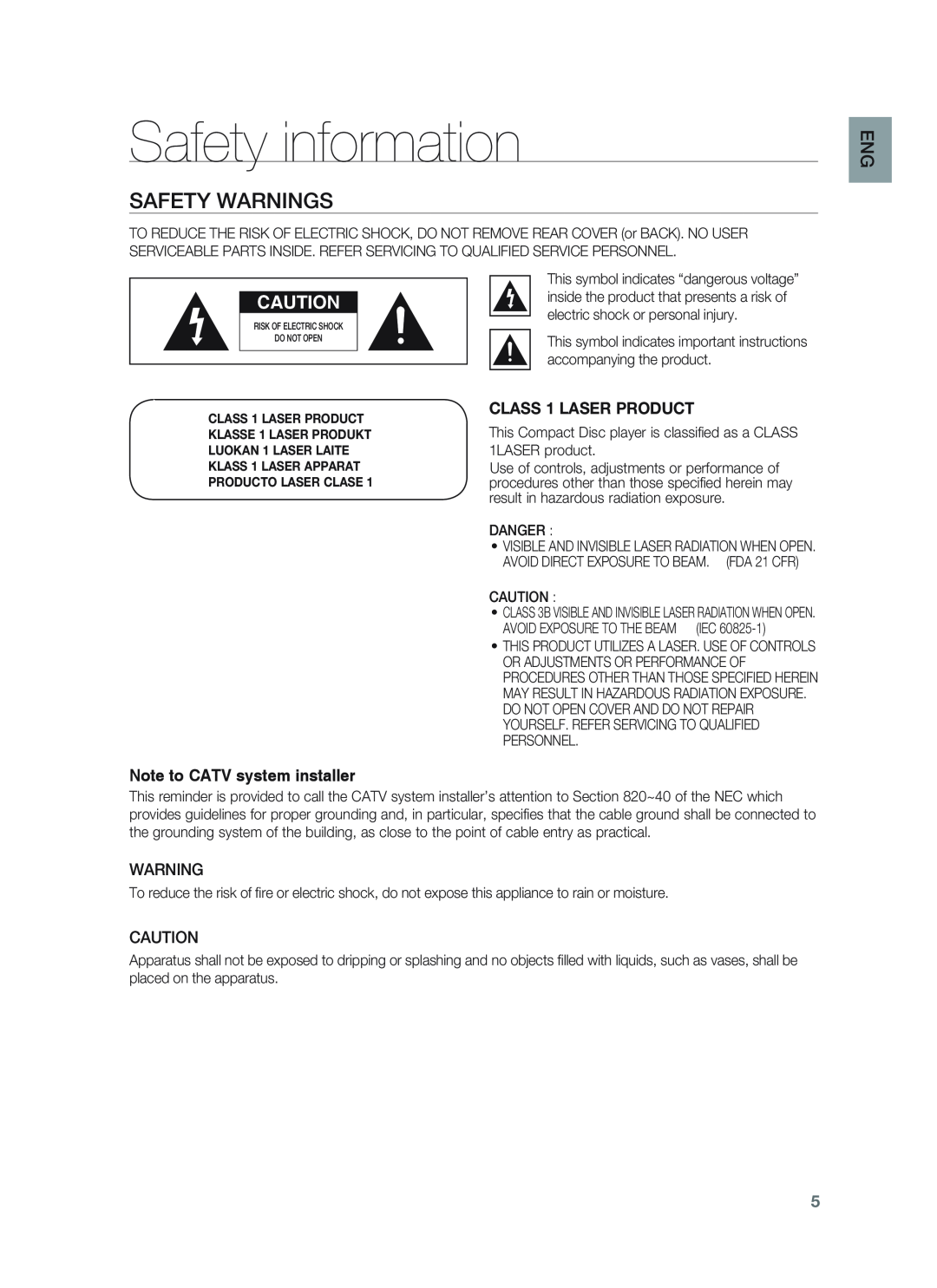 Samsung HT-BD1252, HT-BD1255 Safety information, Safety Warnings, Note to CATV system installer, CLASS 1 LASER PRODUCT 