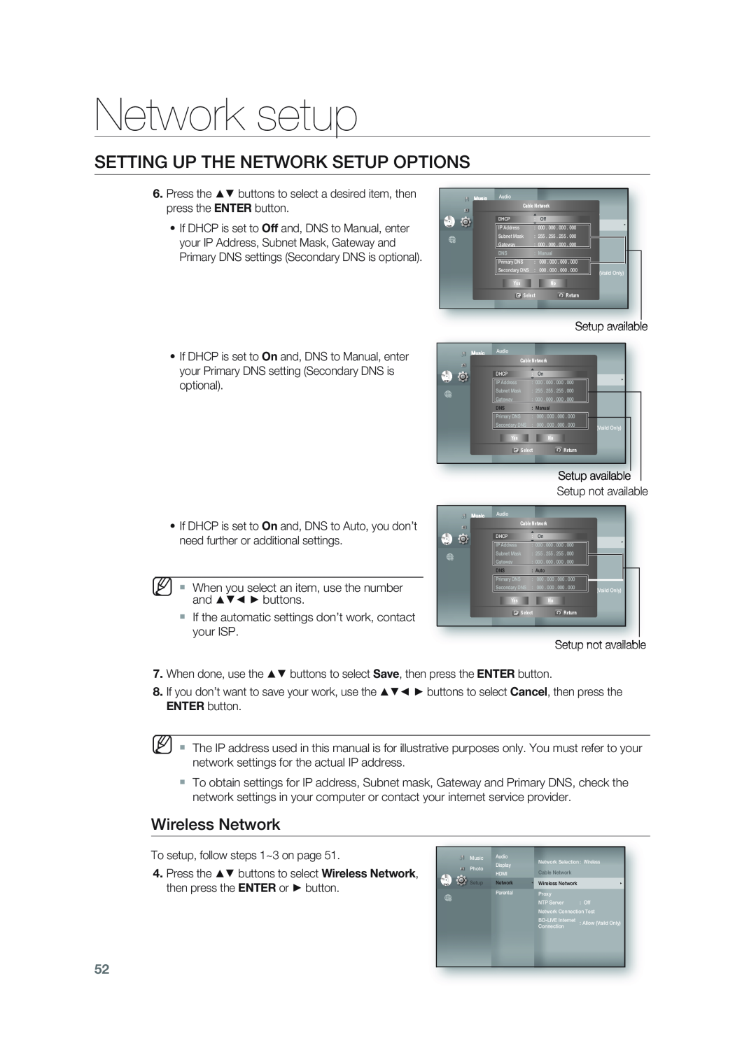 Samsung HT-BD1255, HT-BD1252 user manual Network setup, Wireless Network, Setting Up The Network Setup Options 