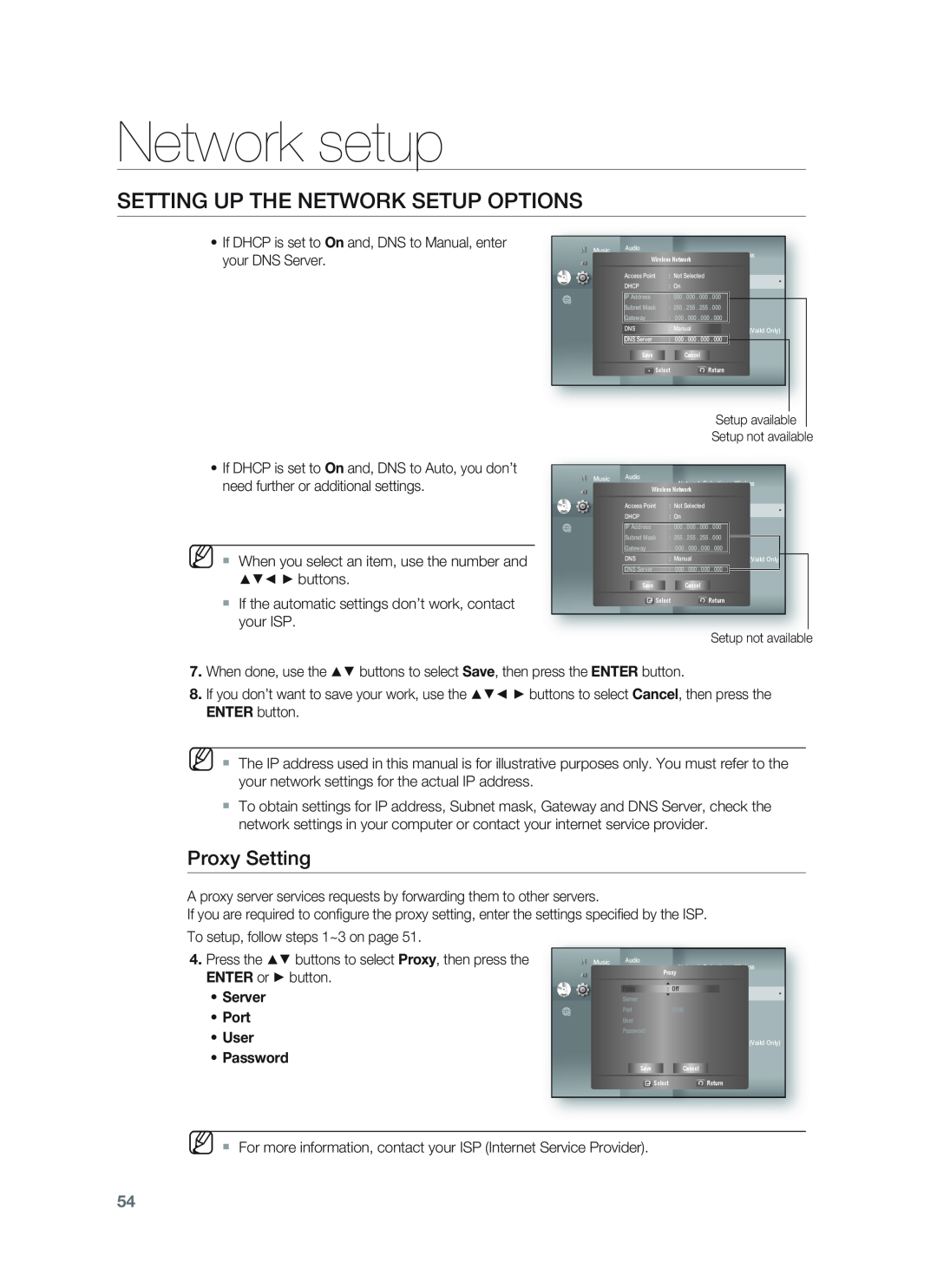 Samsung HT-BD1255 Proxy Setting, Network setup, Setting Up The Network Setup Options, •Server •Port •User •Password 