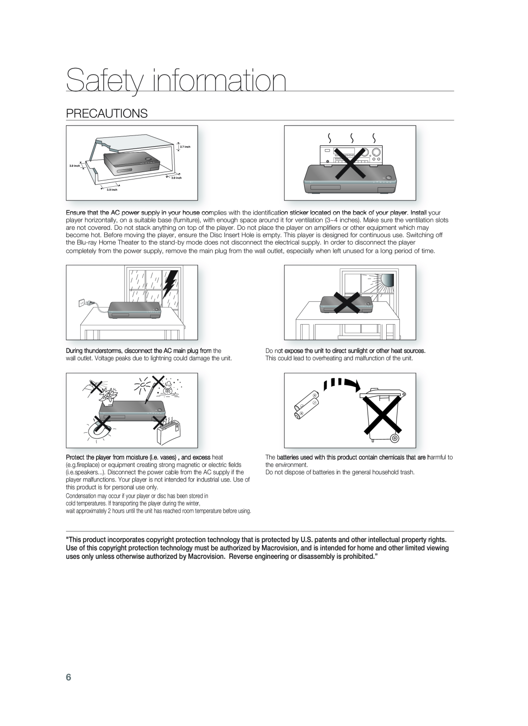 Samsung HT-BD1255, HT-BD1252 user manual Precautions, Safety information, inch 3.9 inch 3.9 inch 3.9 inch 