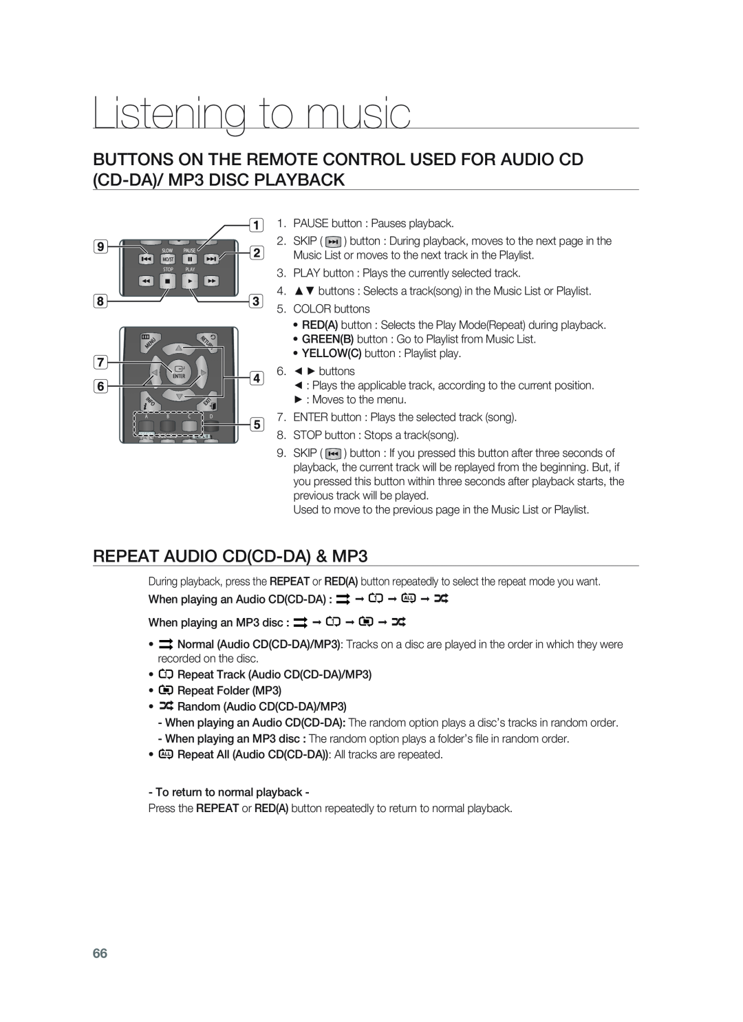 Samsung HT-BD1255, HT-BD1252 user manual Listening to music, REPEAT AUDIO CDCD-DA& MP3 