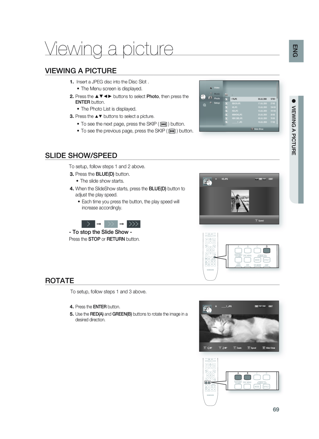 Samsung HT-BD1252, HT-BD1255 user manual Viewing a picture, Viewing A Picture, Slide Show/Speed, Rotate 