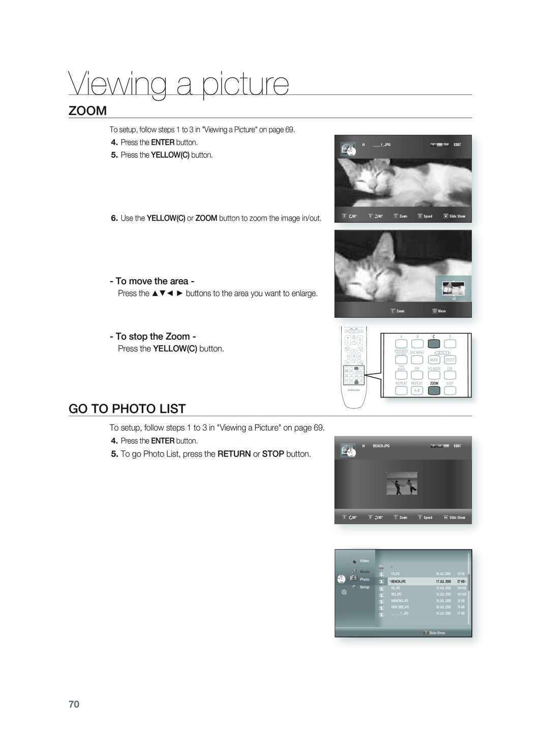 Samsung HT-BD1255, HT-BD1252 user manual Go To Photo List, Viewing a picture, To move the area, To stop the Zoom 