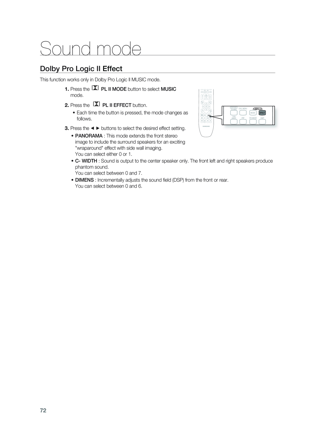 Samsung HT-BD1255, HT-BD1252 user manual Dolby Pro Logic II Effect, Sound mode 