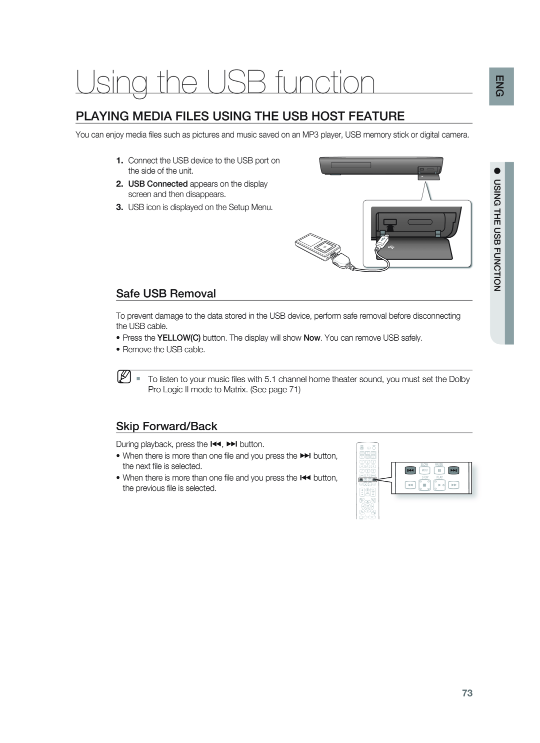Samsung HT-BD1252, HT-BD1255 Using the USB function, Playing Media Files Using The Usb Host Feature, Safe USB Removal 