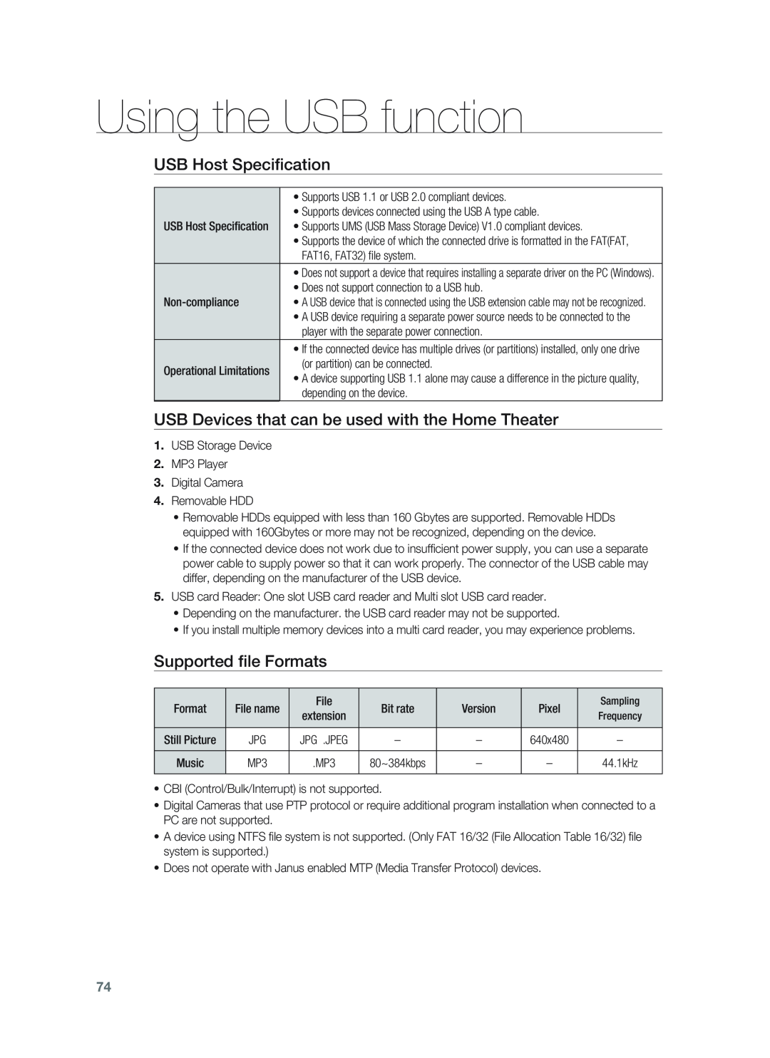 Samsung HT-BD1255, HT-BD1252 user manual USB Host Speciﬁcation, Supported ﬁle Formats, Using the USB function 