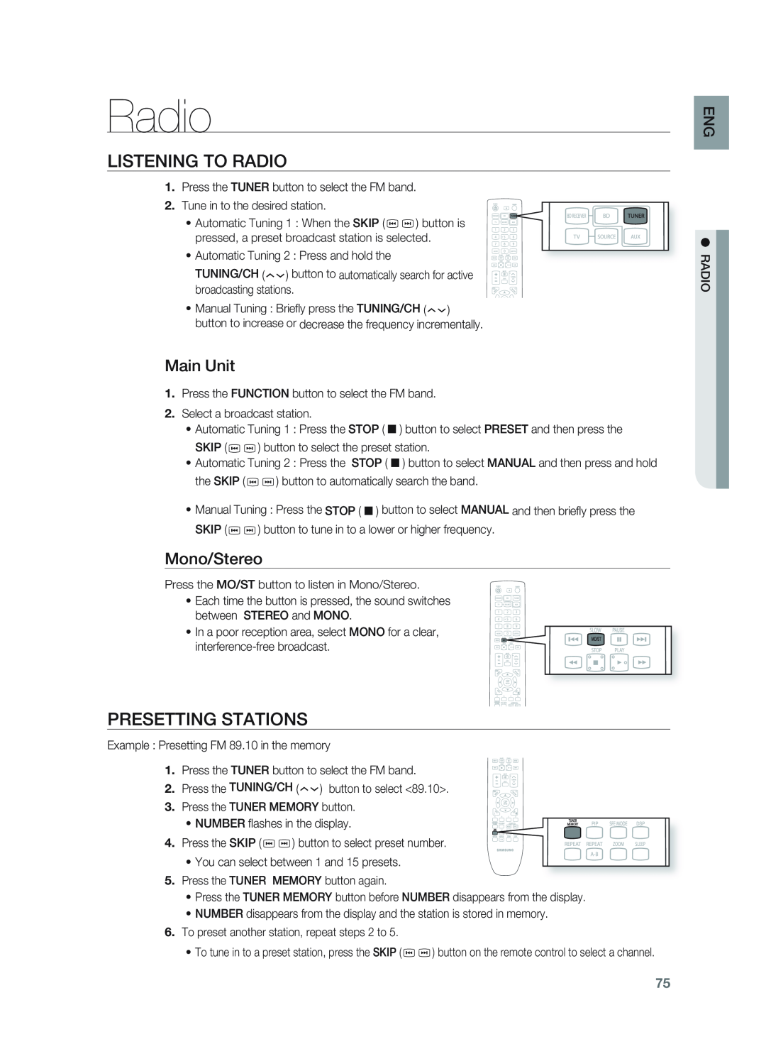 Samsung HT-BD1252, HT-BD1255 user manual Listening To Radio, Presetting Stations, Main Unit, Mono/Stereo 