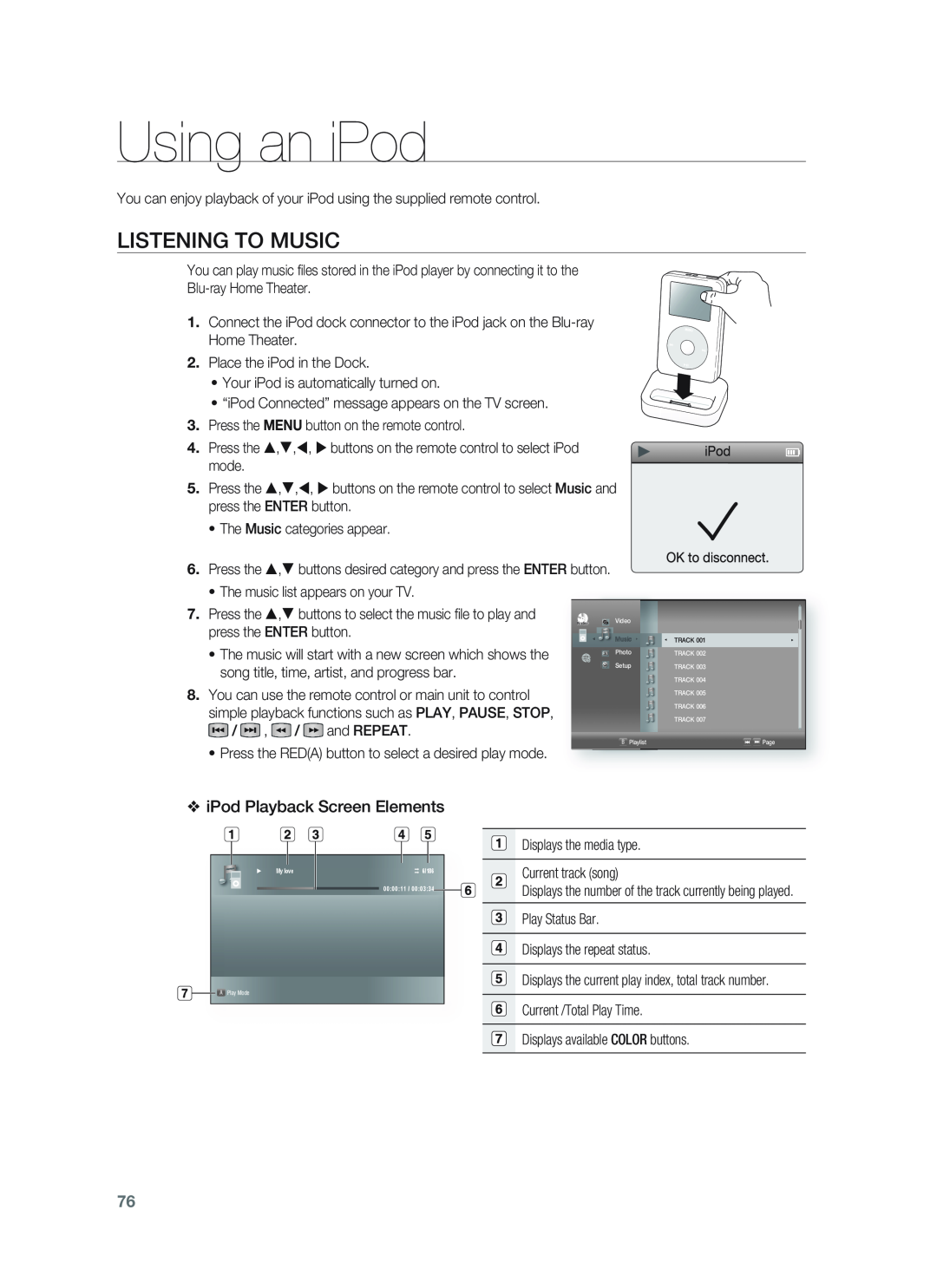 Samsung HT-BD1255, HT-BD1252 user manual Using an iPod, Listening To Music 