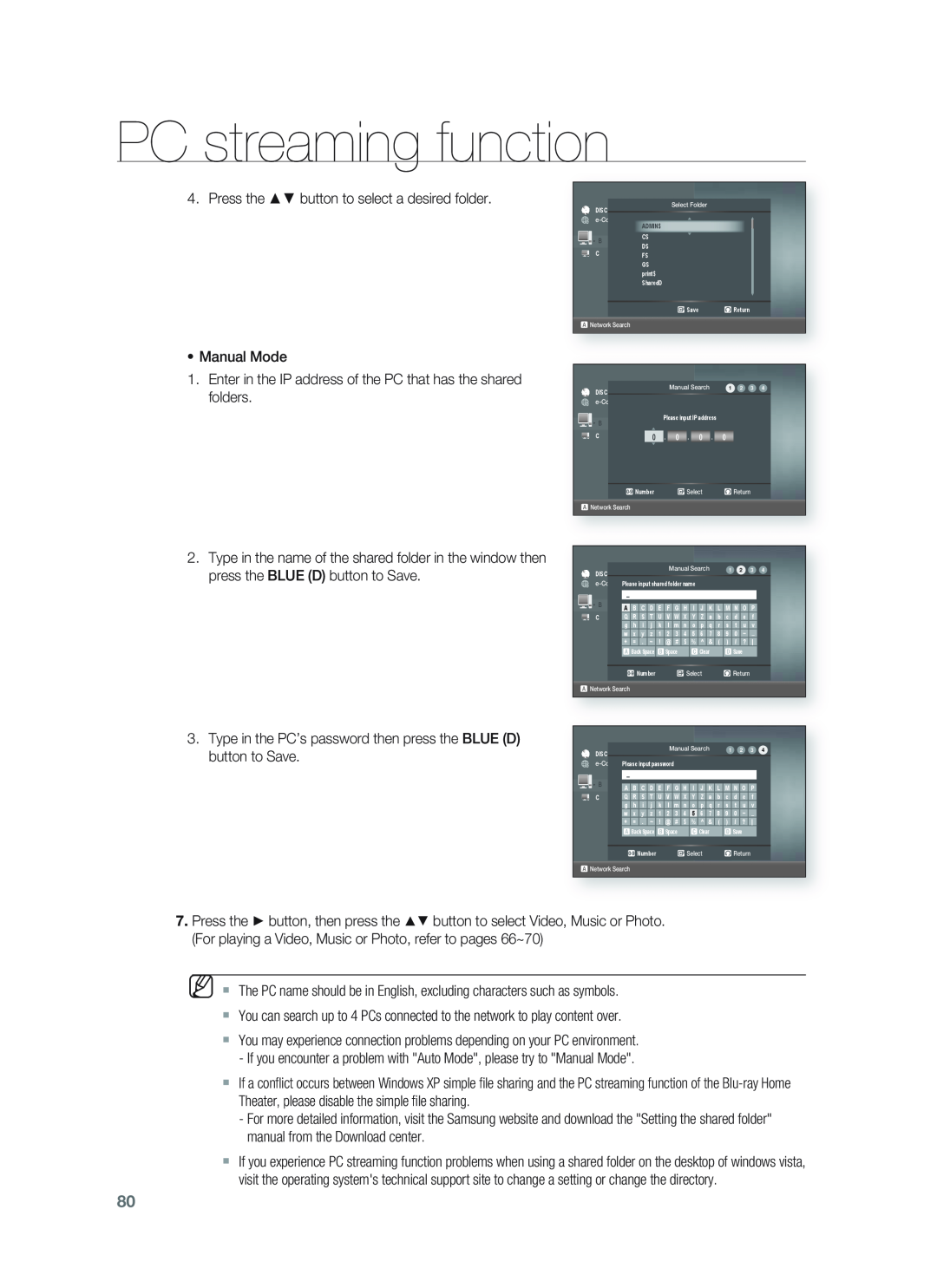 Samsung HT-BD1255, HT-BD1252 user manual PC streaming function, Press the button to select a desired folder 
