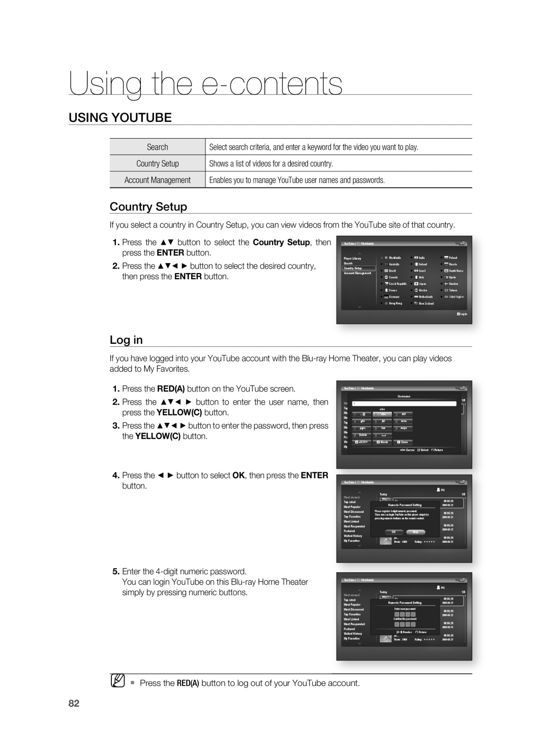 Samsung HT-BD1255, HT-BD1252 user manual Country Setup, Log in, Using the e-contents, Using Youtube 