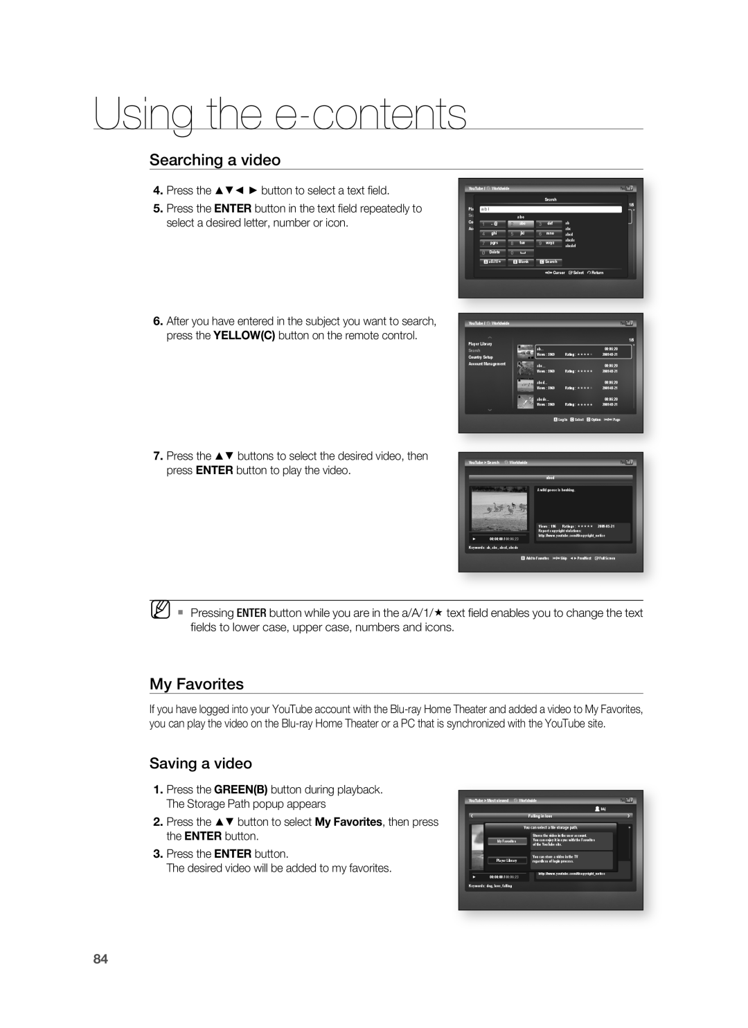 Samsung HT-BD1255, HT-BD1252 user manual My Favorites, Saving a video, Using the e-contents, Searching a video 