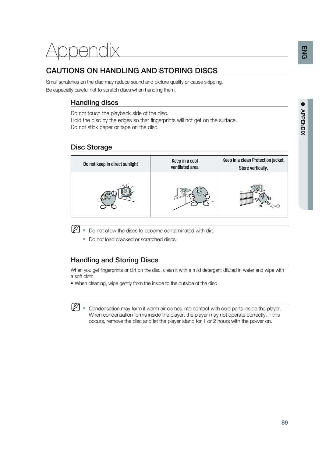 Samsung HT-BD1252, HT-BD1255 user manual Appendix, Cautions On Handling And Storing Discs, Handling discs, Disc Storage 