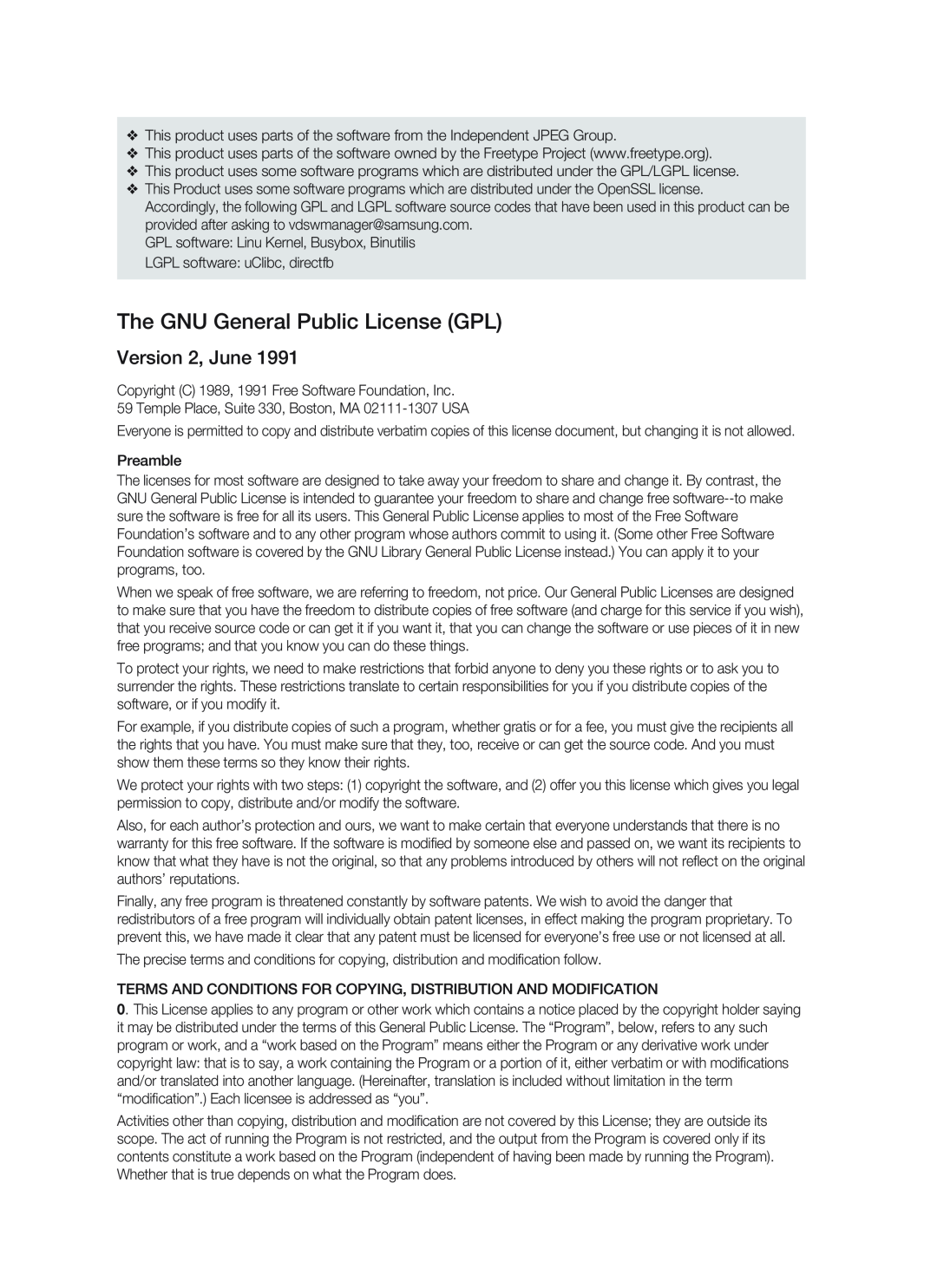 Samsung HT-BD1255, HT-BD1252 user manual The GNU General Public License GPL, Version 2, June 
