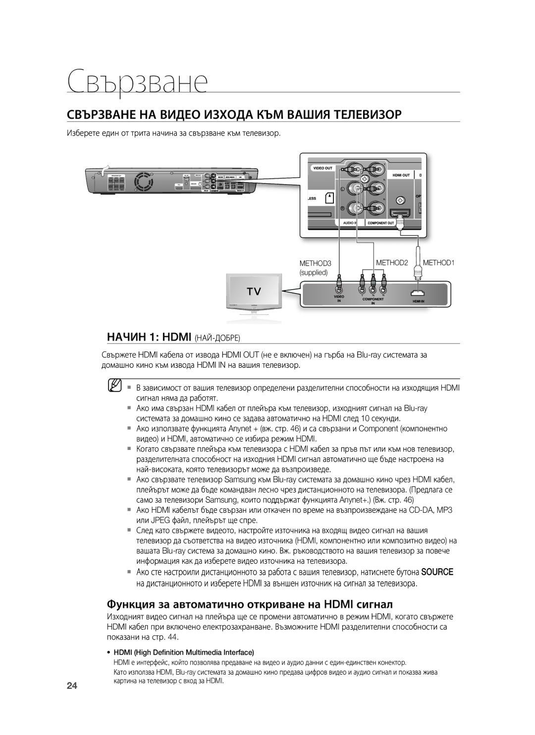 Samsung HT-BD1255R/EDC Свързване НА Видео Изхода КЪМ Вашия Телевизор, Функция за автоматично откриване на Hdmi сигнал 