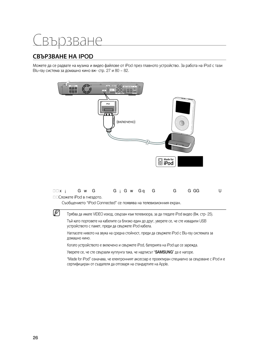 Samsung HT-BD1255R/XEE, HT-BD1255R/EDC, HT-BD1250R/EDC manual Свързване НА Ipod 