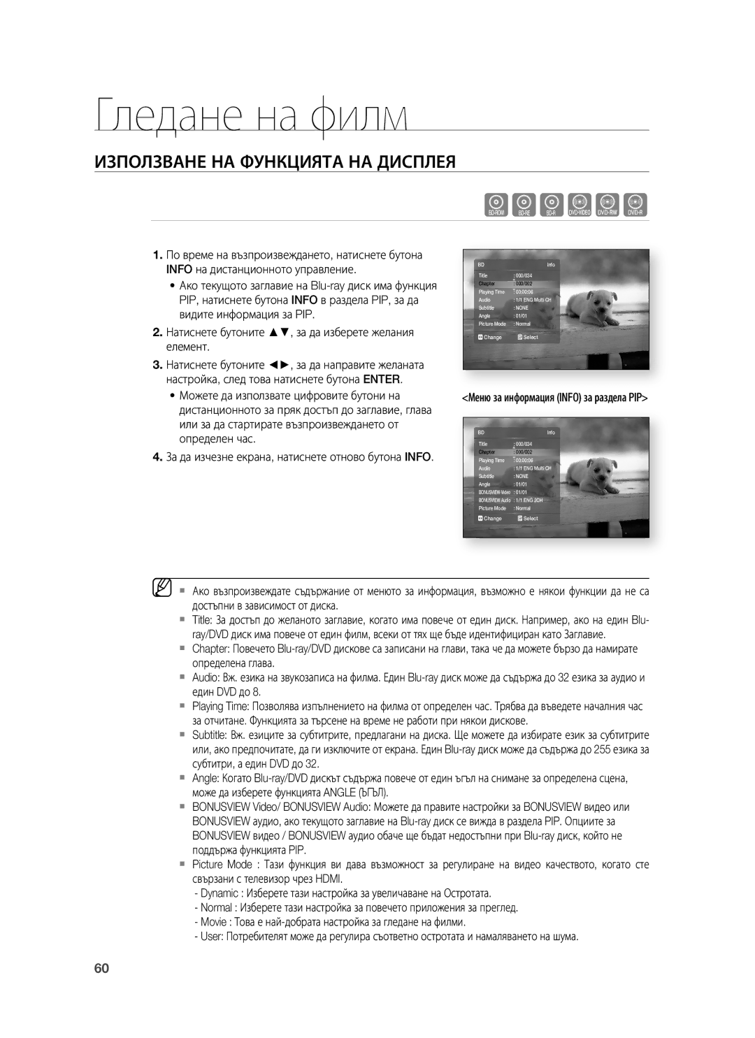 Samsung HT-BD1255R/EDC manual Гледане на филм, Използване НА Функцията НА Дисплея, Меню за информация Info за раздела PIP 