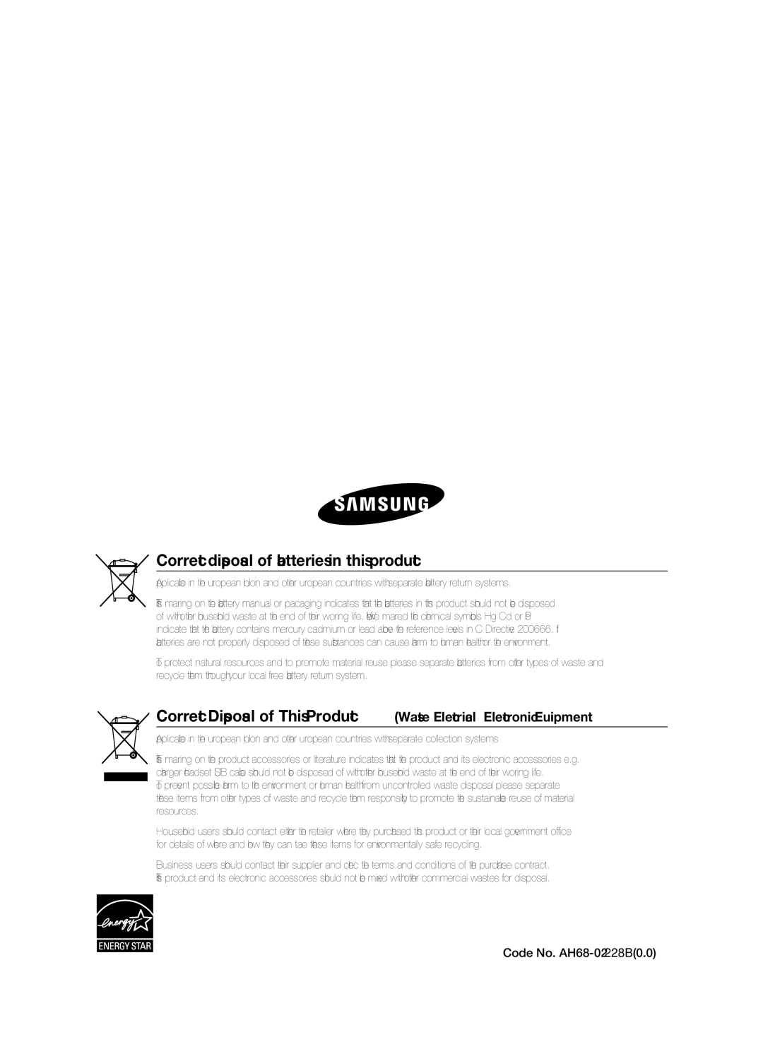 Samsung HT-BD1250R/XET, HT-BD1255R/EDC manual Correct disposal of batteries in this product, Code No. AH68-02228B0.0 