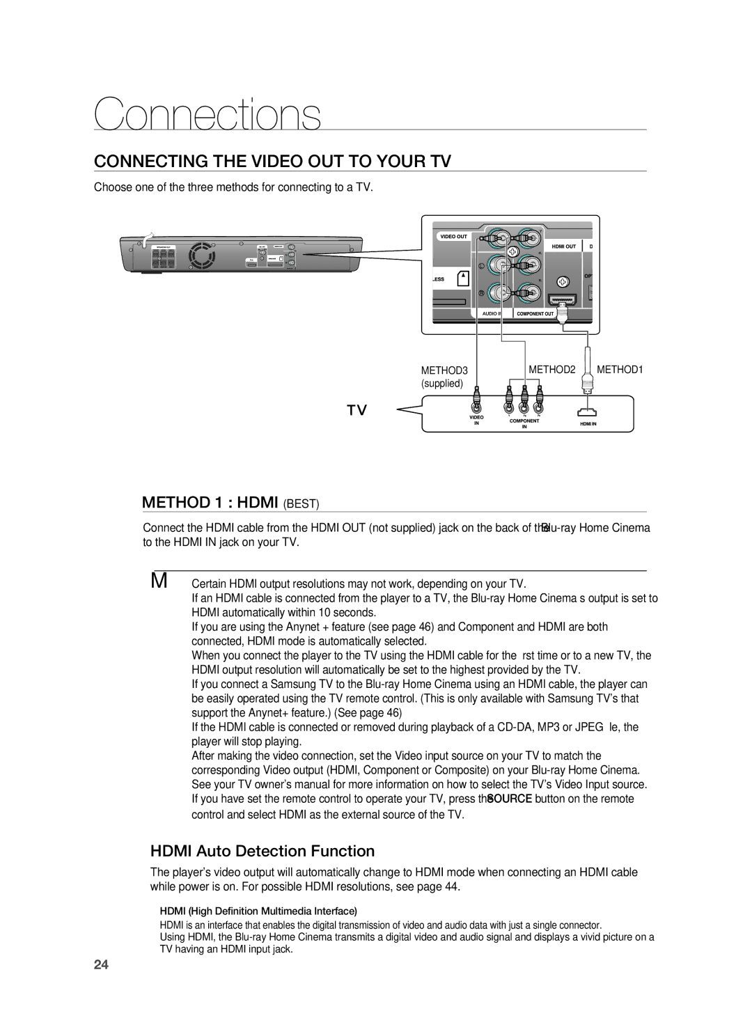 Samsung HT-BD1255R/XEF, HT-BD1255R/EDC, HT-BD1252R/EDC Connecting the Video OUT to Your TV, Hdmi Auto Detection Function 