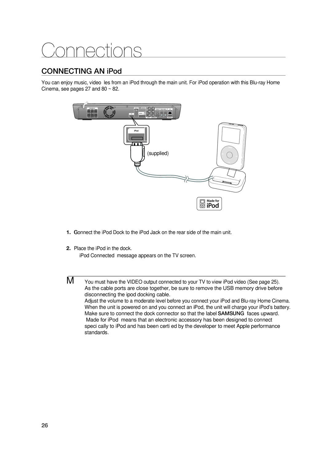 Samsung HT-BD1255R/XET, HT-BD1255R/EDC, HT-BD1252R/EDC, HT-BD1250R/XET, HT-BD1250R/EDC, HT-BD1255R/XEF manual Connecting AN iPod 