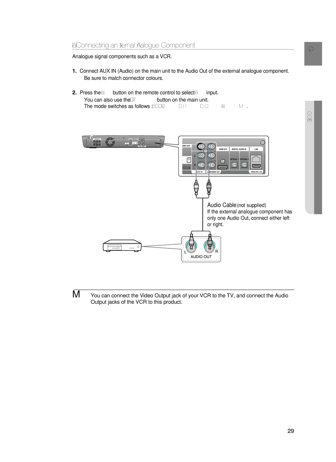 Samsung HT-BD1252R/XEE, HT-BD1255R/EDC, HT-BD1252R/EDC, HT-BD1250R/XET manual AUX Connecting an External Analogue Component 