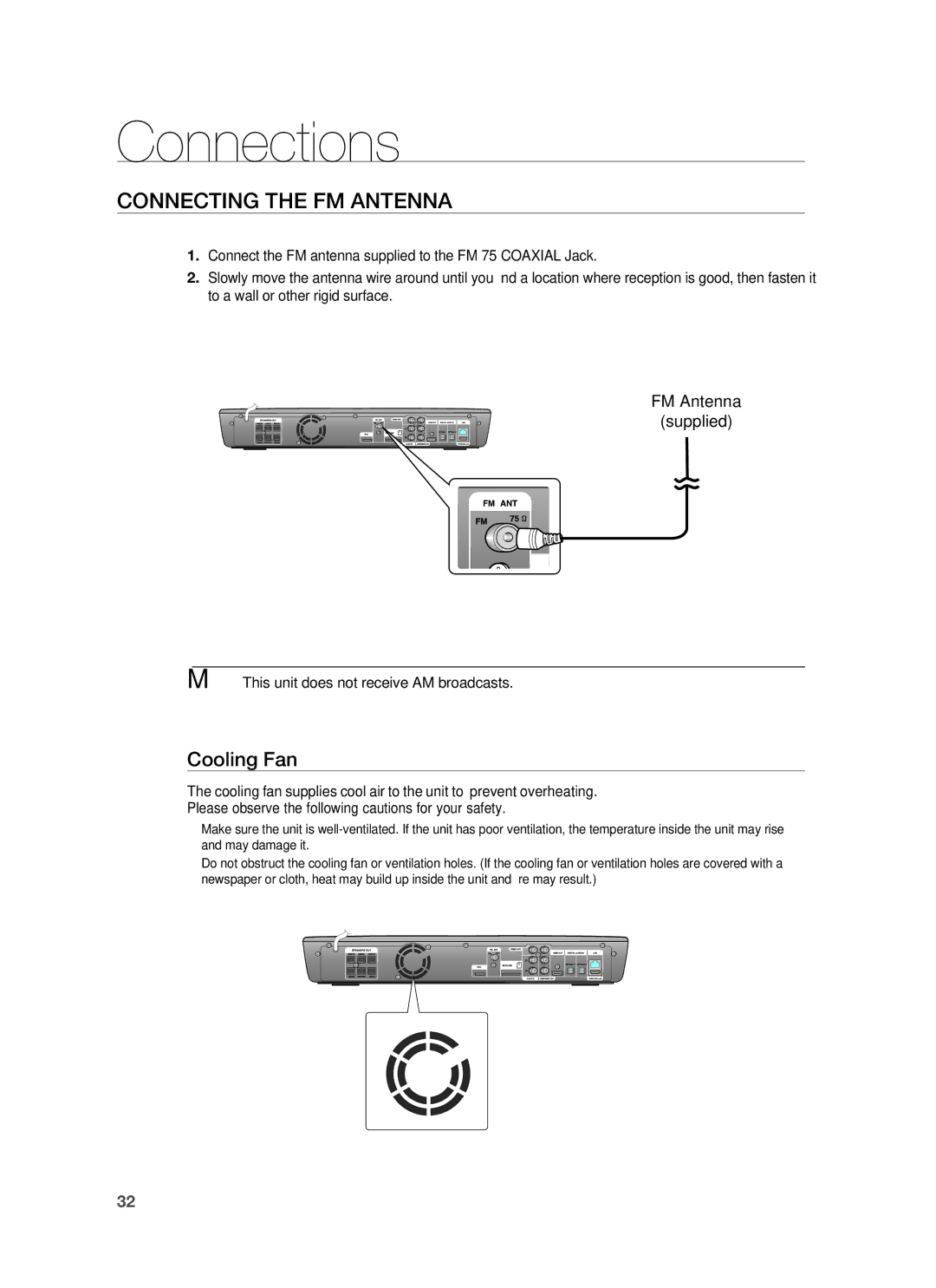 Samsung HT-BD1250R/XET, HT-BD1255R/EDC Connecting the FM Antenna, Cooling Fan,  This unit does not receive AM broadcasts 